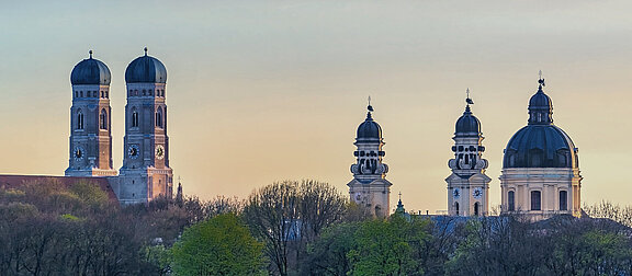 Three Munich churches in the morning light