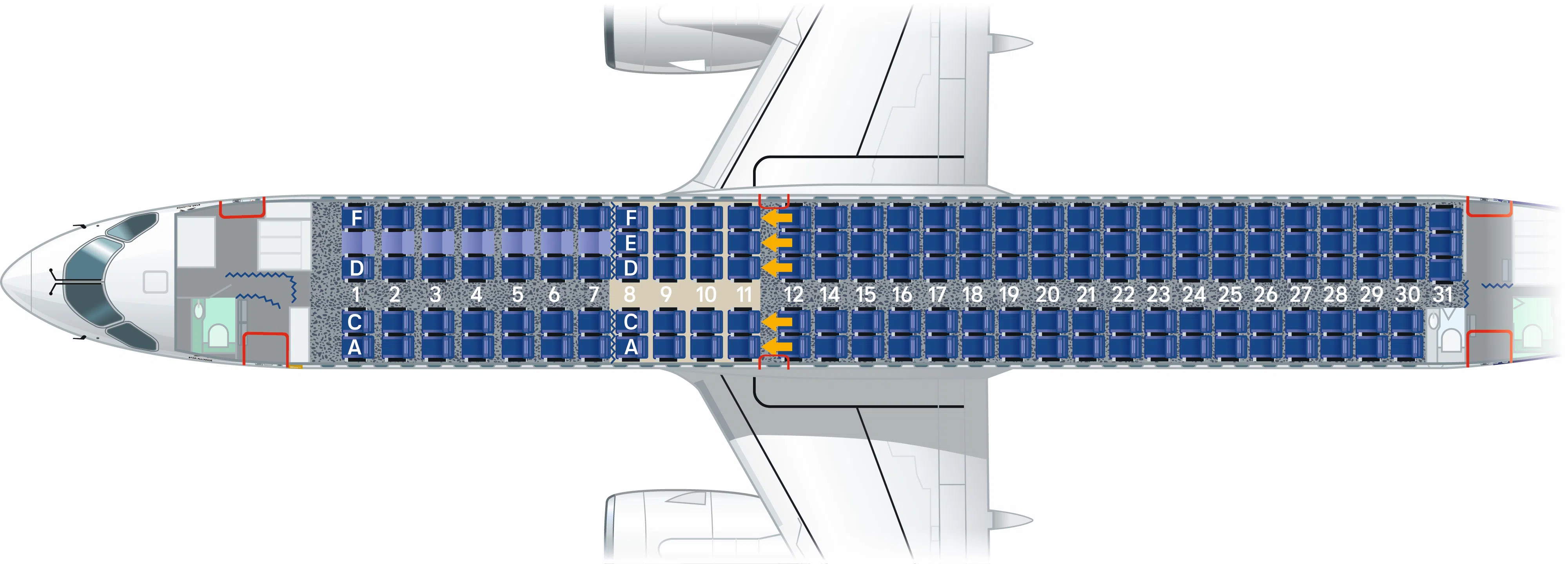 Illustration bzw. Schematische Ansicht einer Vogelperspektive auf den Airbus und den Sitzplan